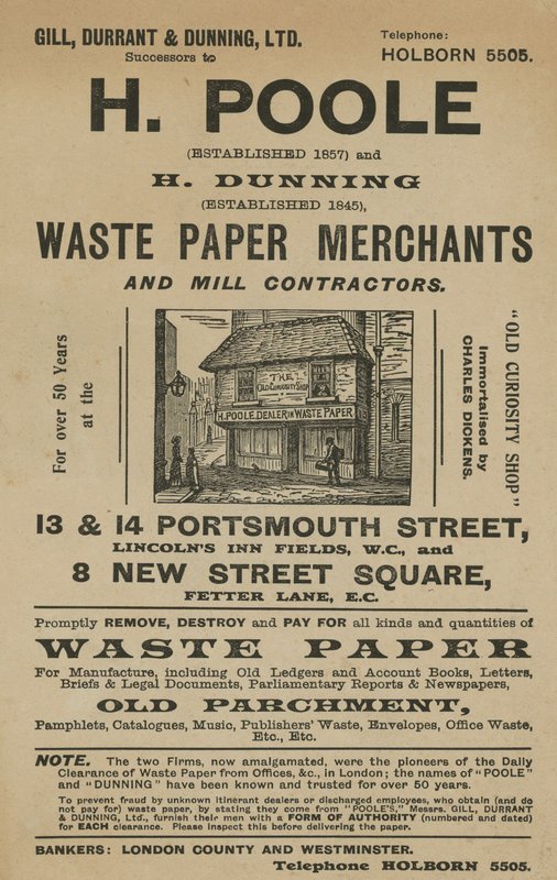 Anuncio de H Poole y H Dunning, comerciantes de papel de desecho y contratistas de molinos de English School