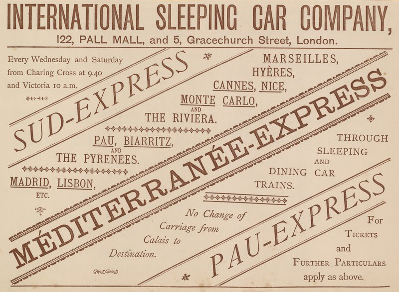 Anuncio de la Compañía Internacional de Coche Cama, 122 Pall Mall y 5 Graceshurch Street, 1888 de English School