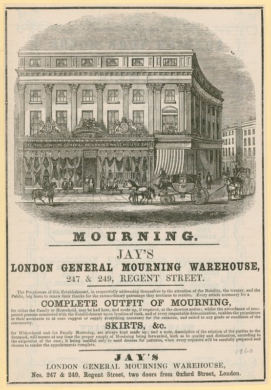 Anuncio de Jays, London General Mourning Warehouse, 247 & 249 Regent Street, Londres de English School