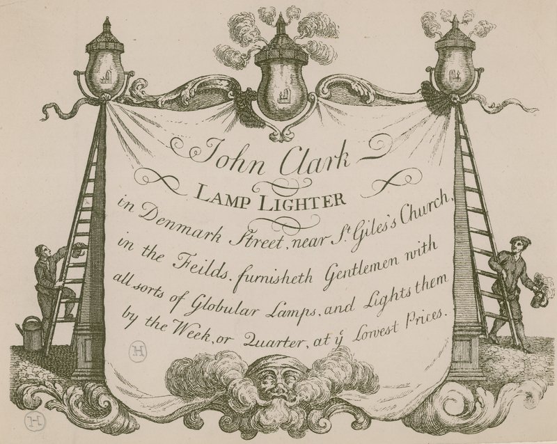 Anuncio para John Clarke, encendedor de lámparas, Denmark Street, Londres de English School
