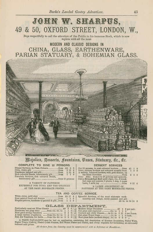 Anuncio de John W Sharpus, diseños modernos y clásicos en porcelana, vidrio, loza, estatuaria de parian y vidrio bohemio de English School