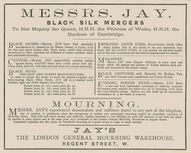 Anuncio de Messrs Jay, El Almacén General de Luto de Londres, Regent Street de English School