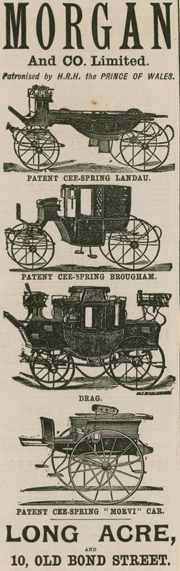 Anuncio de Morgan & Co Ltd, fabricantes de carruajes, Long Acre y 10 Old Bond Street, Londres de English School