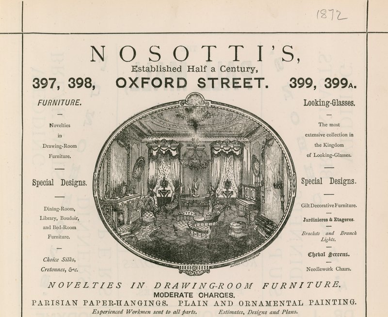 Anuncio de la tienda de muebles de Nosotti, 397-399 Oxford Street de English School