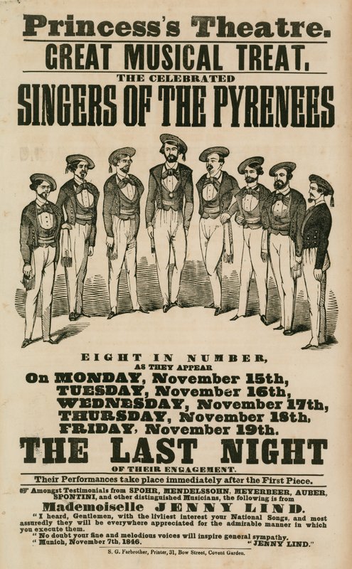 Anuncio del Teatro Princess, Londres, con los cantantes de los Pirineos de English School
