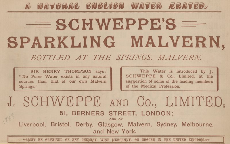 Anuncio de Schweppes Sparkling Malvern, embotellado en los manantiales, Malvern de English School