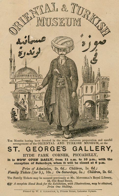 Anuncio para el Museo Oriental y Turco en St Georges Gallery, Hyde Park Corner, Piccadilly, Londres de English School