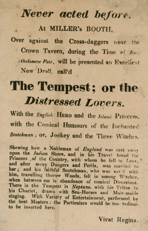 Anuncio de La Tempestad; o, Los amantes afligidos, representada en Millers Booth, Cross Daggers, cerca de la Crown Tavern de English School