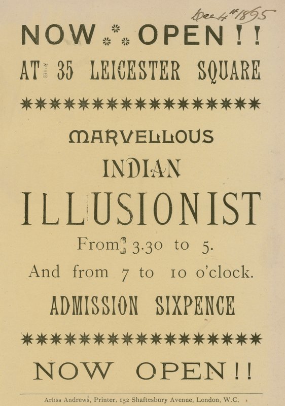 Anuncio de un Ilusionista Indio apareciendo en 35 Leicester Square, Londres de English School