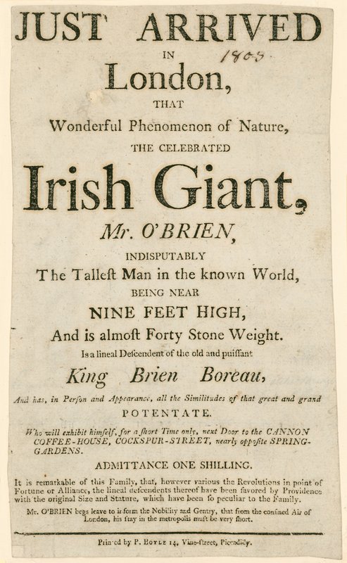 Anuncio para una aparición de Charles Byrne, alias OBrien el Gigante Irlandés, el hombre más alto del mundo conocido de English School