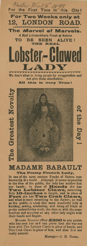 Anuncio de una aparición de Madame Babault, la dama con garras de langosta de English School