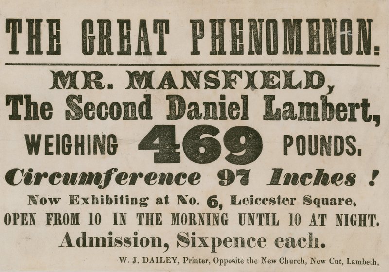 Anuncio de la aparición de Mr. Mansfield, un segundo Daniel Lambert, con un peso de 469 libras de English School