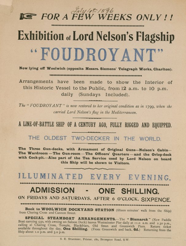 Anuncio de una exposición del buque insignia de Lord Nelson, Foudroyant de English School