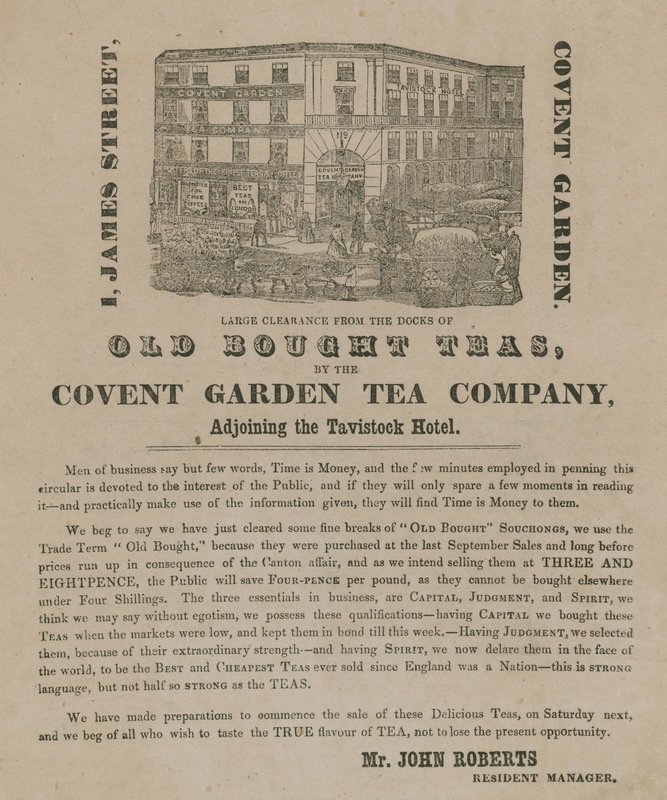 Anuncio de tés comprados viejos de la Covent Garden Tea Company de English School