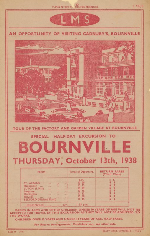 Anuncio de excursión ferroviaria a la fábrica y al pueblo jardín de Cadburys en Bournville de English School