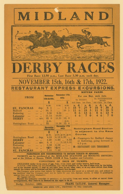 Anuncio de excursión ferroviaria a las carreras de Midland Derby, 15-17 de noviembre de 1922 de English School