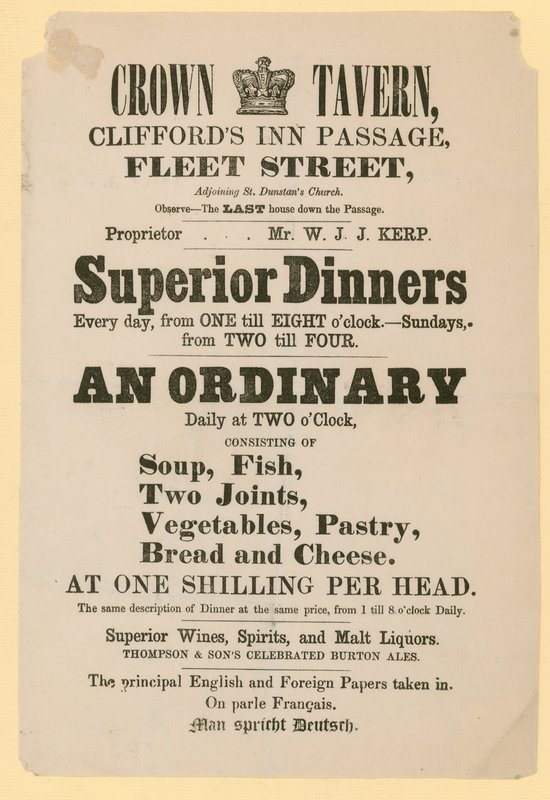 Anuncio para el Crown Tavern, Cliffords Inn Passage, Fleet Street, Londres de English School