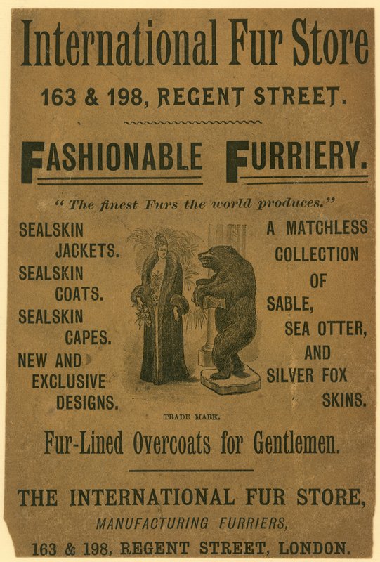 Anuncio de la International Fur Store, 163 y 198 Regent Street, Londres de English School