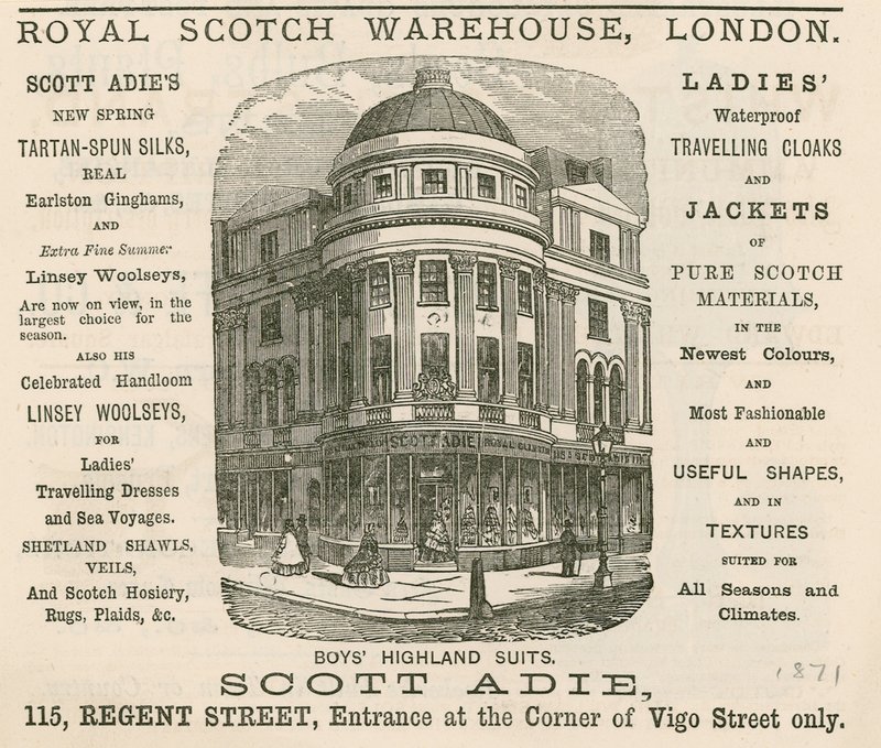 Anuncio del Royal Scotch Warehouse, 115 Regent Street, Londres de English School