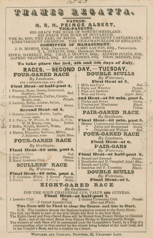 Anuncio de la Regata del Támesis, 1843 de English School