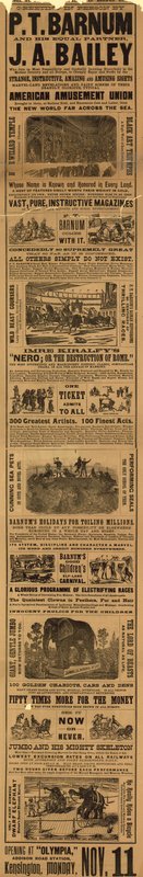 Anuncio de la aparición del espectáculo de P T Barnum y J A Bailey en Olympia de English School