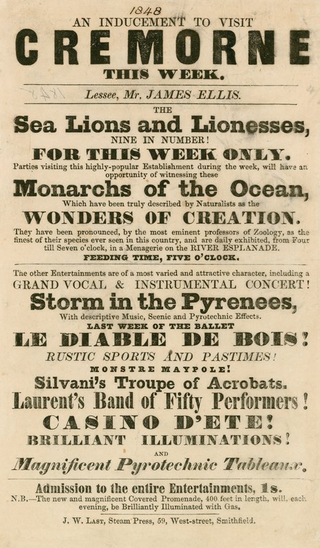 Anuncio de la aparición de Leones Marinos y Leonas en los Jardines de Cremorne, Londres en 1848 de English School