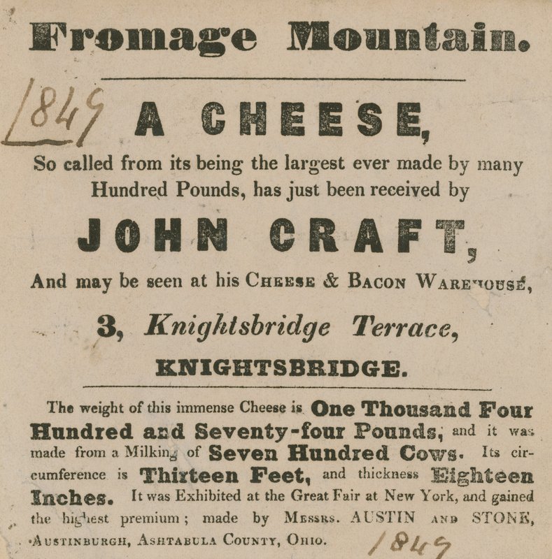 Anuncio para la exhibición de un queso conocido como Fromage Mountain de English School