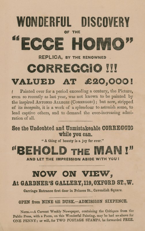 Anuncio para la exhibición de una réplica de la pintura Ecce Homo de Correggio (Antonio Allegri) de English School