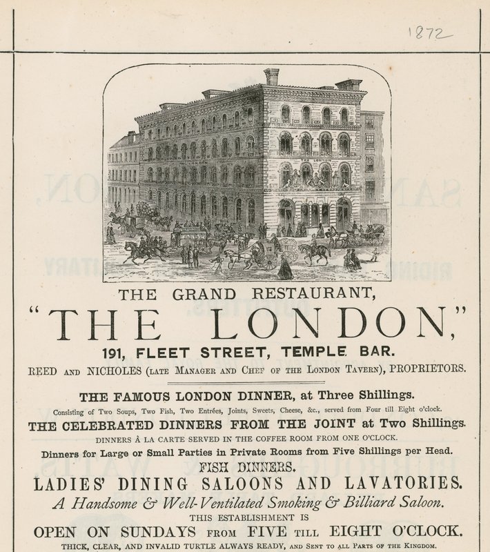 Anuncio del gran restaurante The London, 191 Fleet Street, Temple Bar de English School