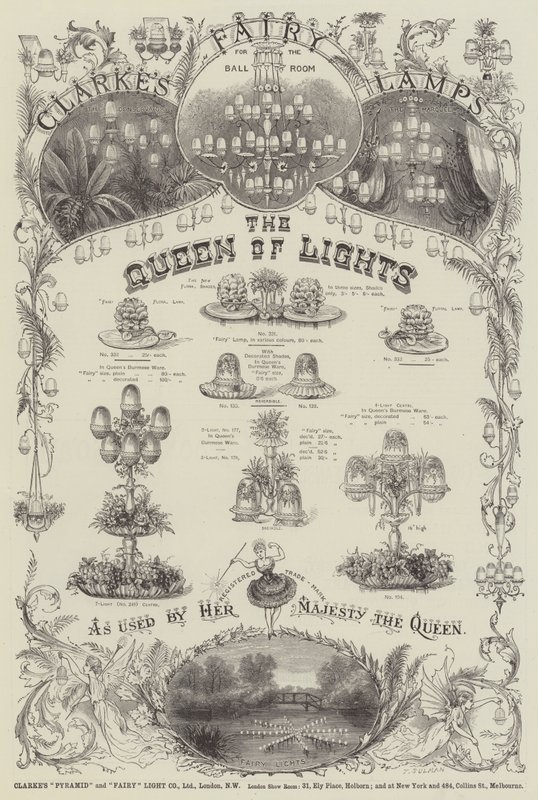 Anuncio, lámparas de hadas de Clarke (grabado) de English School