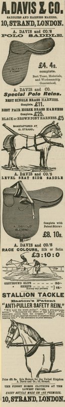 Anuncio de A Davis & Co, fabricantes de sillas de montar y arneses de English School