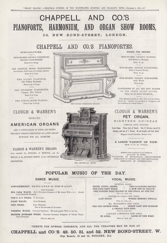 Anuncio de las Salas de Exposición de Pianoforte, Harmonium y Órgano de Chappell and Co (grabado) de English School