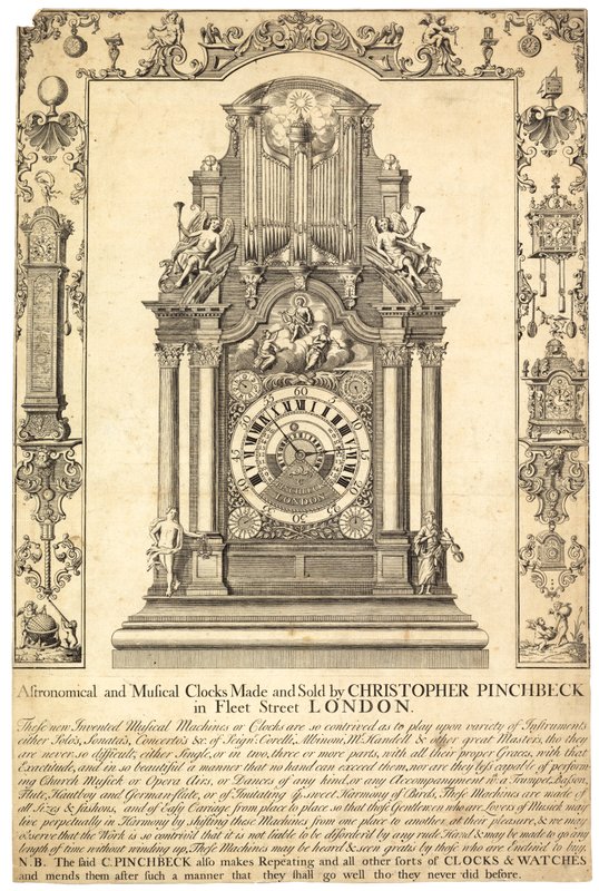 Anuncio de relojes astronómicos y musicales de Christopher Pinchbeck de English School