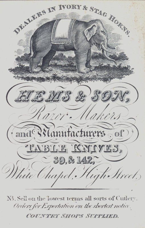 Anuncio de Hems & Son, comerciantes de marfil y cuerno de ciervo, fabricantes de navajas y cuchillos de mesa, Londres de English School