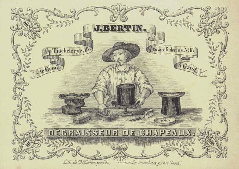 Anuncio de J Bertin, limpiador de sombreros, Gante, Bélgica de English School