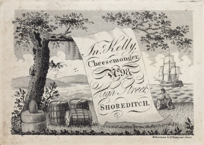 Anuncio de John Kelly, quesero, 98 High Street, Shoreditch, Londres de English School