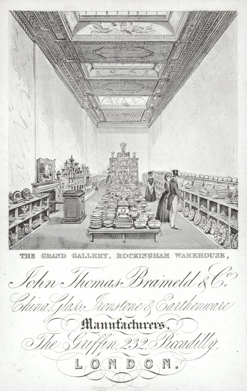 Anuncio de John Thomas Brameld and Co, fabricantes de porcelana, vidrio, loza y cerámica, Londres de English School
