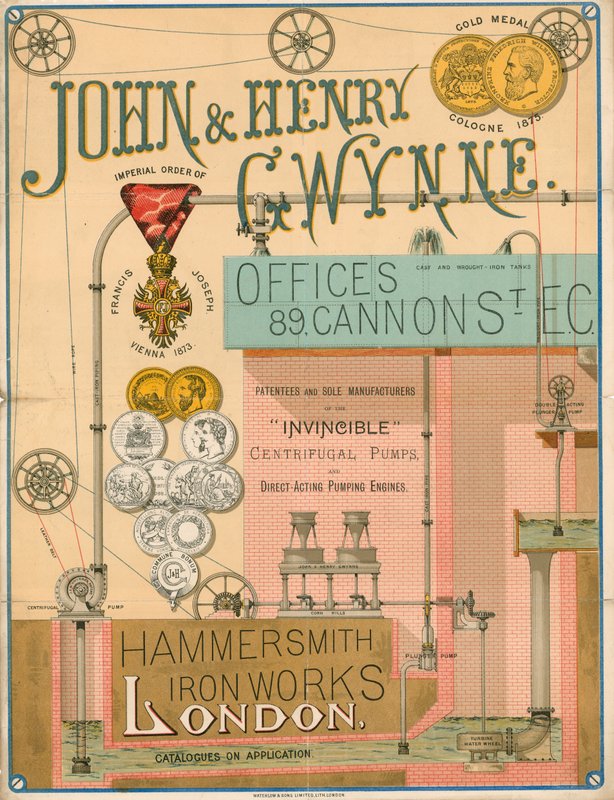 Anuncio de John y Henry Gwynne, 89 Cannon Street, Londres, fabricante de la bomba centrífuga Invincible de English School