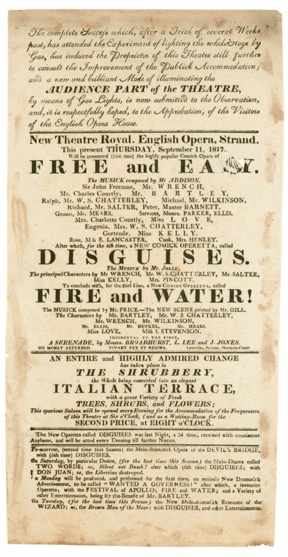 Anuncio para el Nuevo Teatro Real, Ópera Inglesa, Strand, Londres, para el 11 de septiembre de 1817, mencionando iluminación de gas de English School