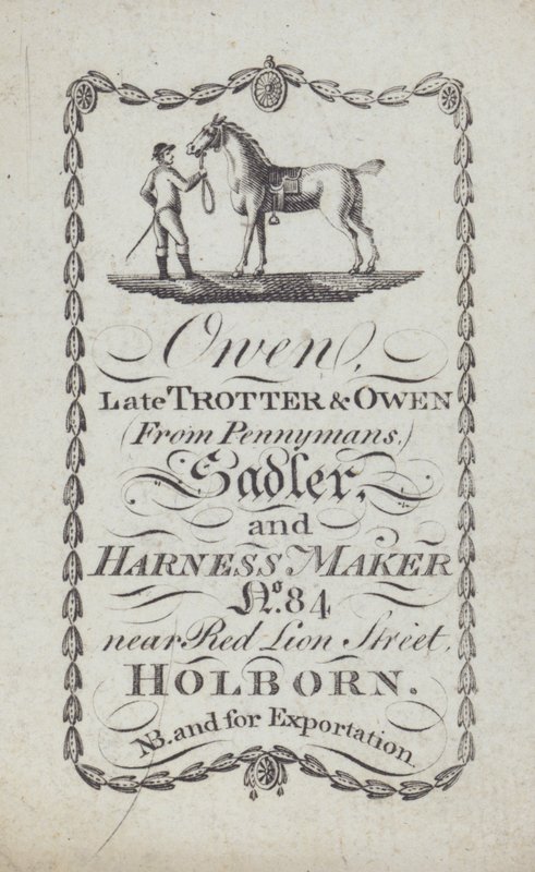 Anuncio de Owen, guarnicionero y fabricante de arneses, Londres (litografía) de English School