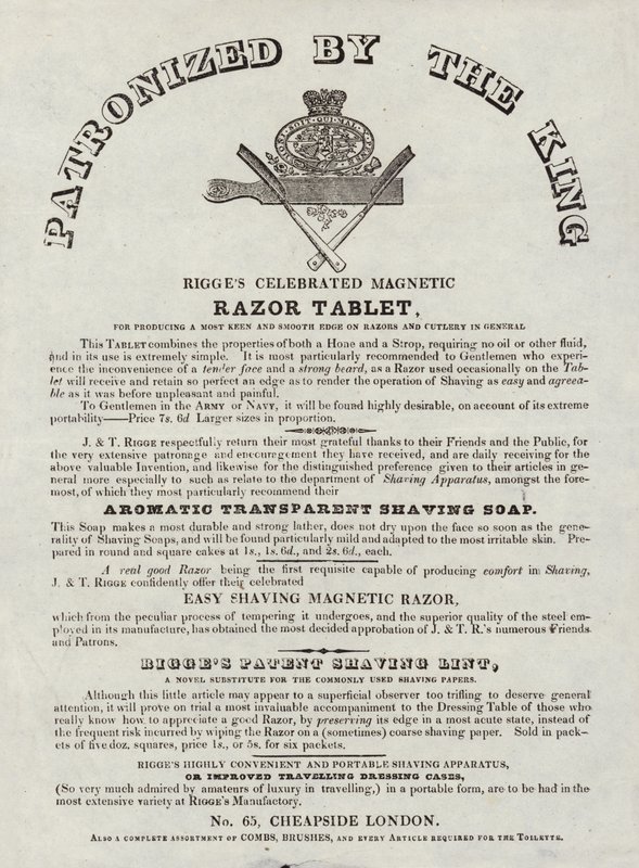 Anuncio de la famosa tableta de afeitar magnética de Rigges de English School