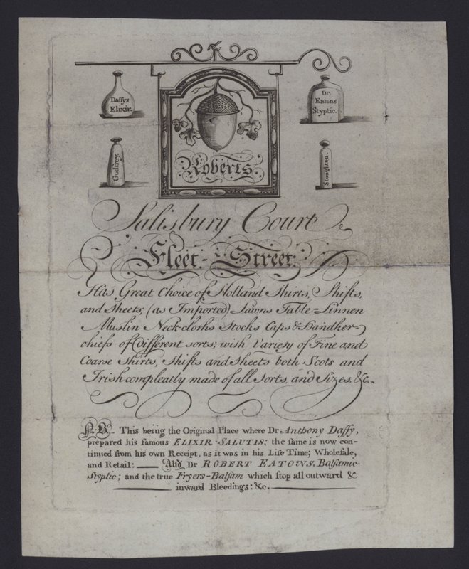 Anuncio de Roberts, comerciantes de telas, Salisbury Court, Fleet Street, Londres, donde el Dr. Anthony Daffy preparó su Elixir Salutis de English School