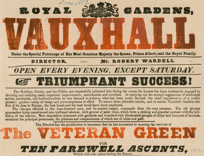 Anuncio del Jardín Real, Vauxhall; Jardines de Vauxhall, Londres de English School