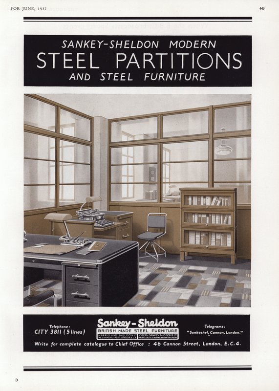 Anuncio de Particiones de Acero Sankey-Sheldon, 1937 de English School