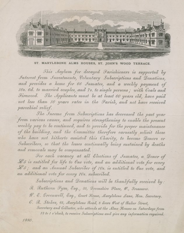 Anuncio de las casas de beneficencia de St Marylebone de English School