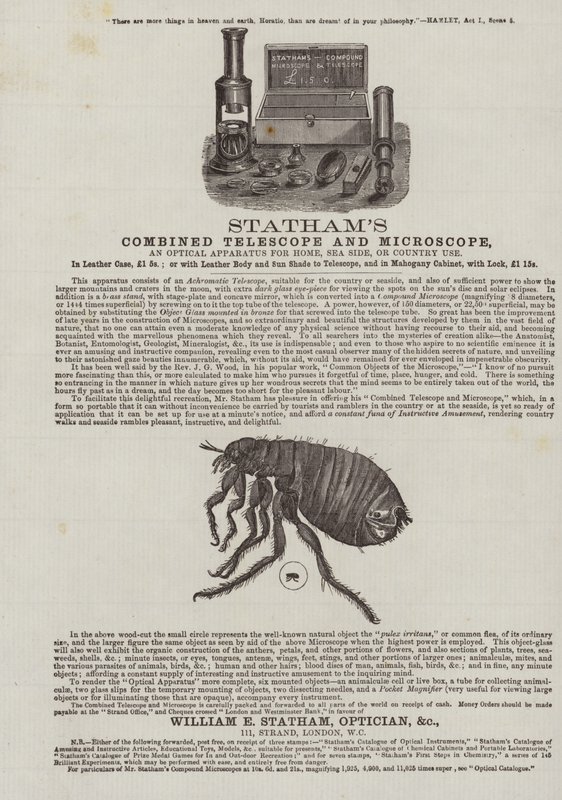 Anuncio del telescopio y microscopio combinado de Stathams de English School