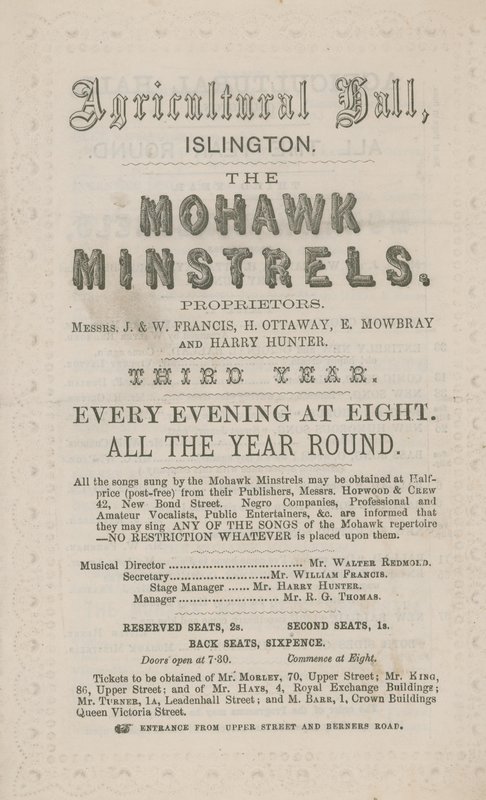 Anuncio de The Mohawk Minstrels en el Agricultural Hall de English School