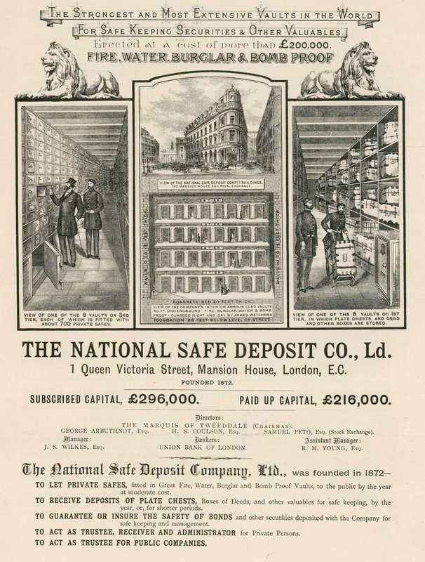 Anuncio de la Compañía Nacional de Depósitos Seguros, 1 Queen Victoria Street, Mansion House, Londres de English School