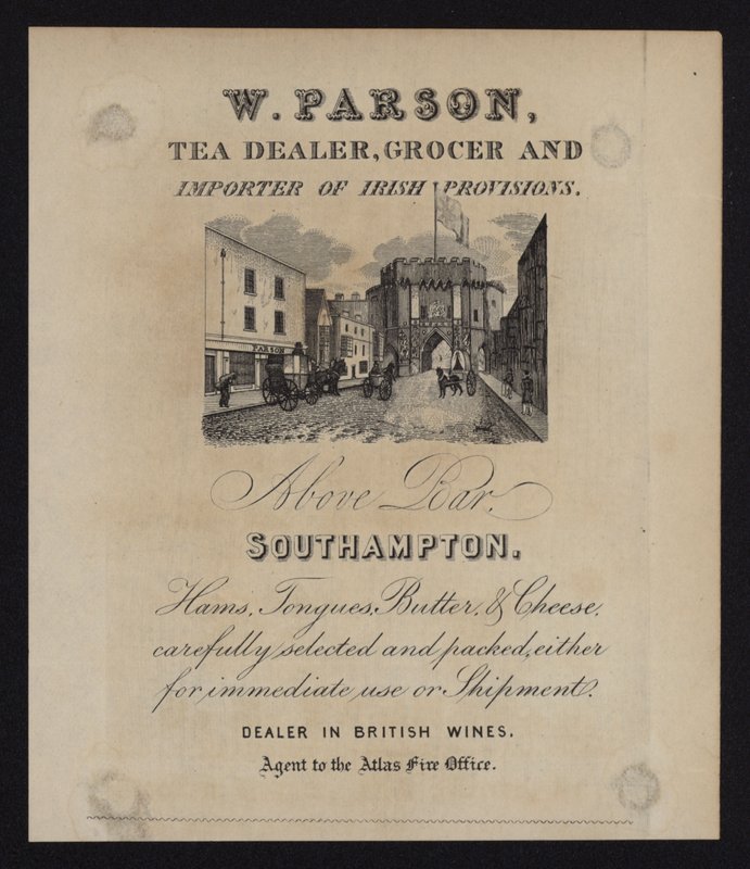 Anuncio de W Parson, comerciante de té, tendero e importador de provisiones irlandesas, Southampton, Hampshire de English School