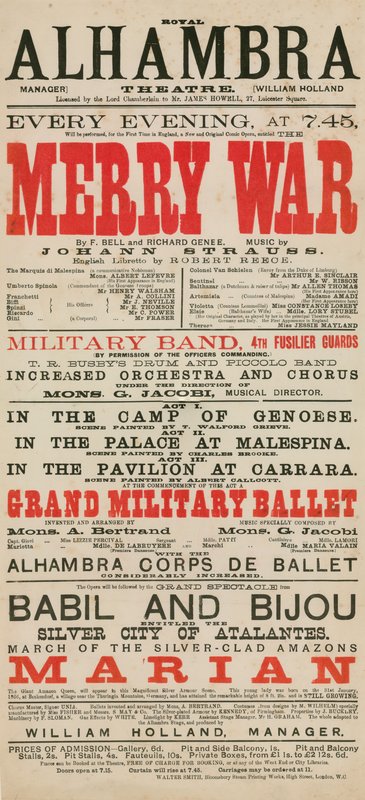 Anuncio para el Royal Alhambra Theatre, con Merry War de F Bell y Richard Genee con música de Johann Strauss de English School